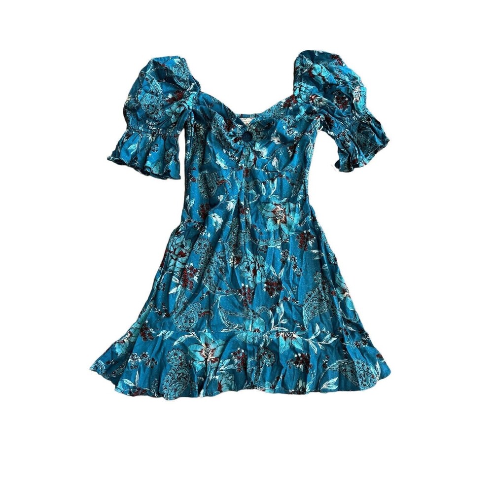 BOG COLLECTIVE Floral Blue Puff Sleeve Mini Dress Bohemian Cottagecore Peephole